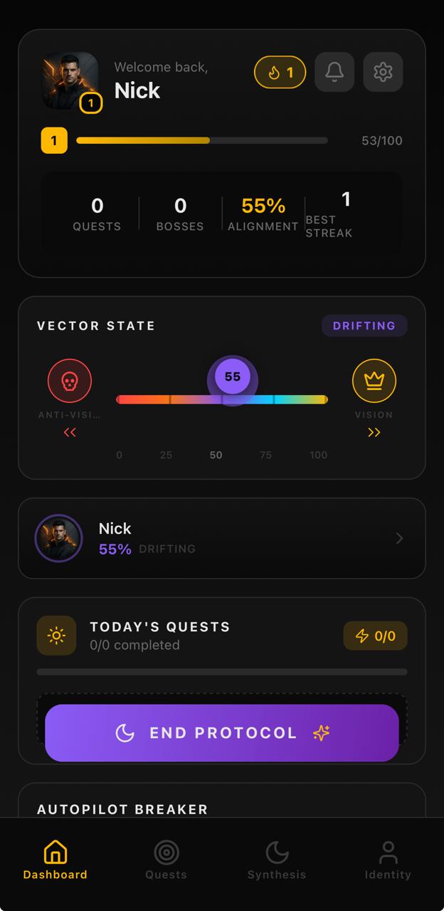 Actual Inflection Point dashboard screen with vector state and quests