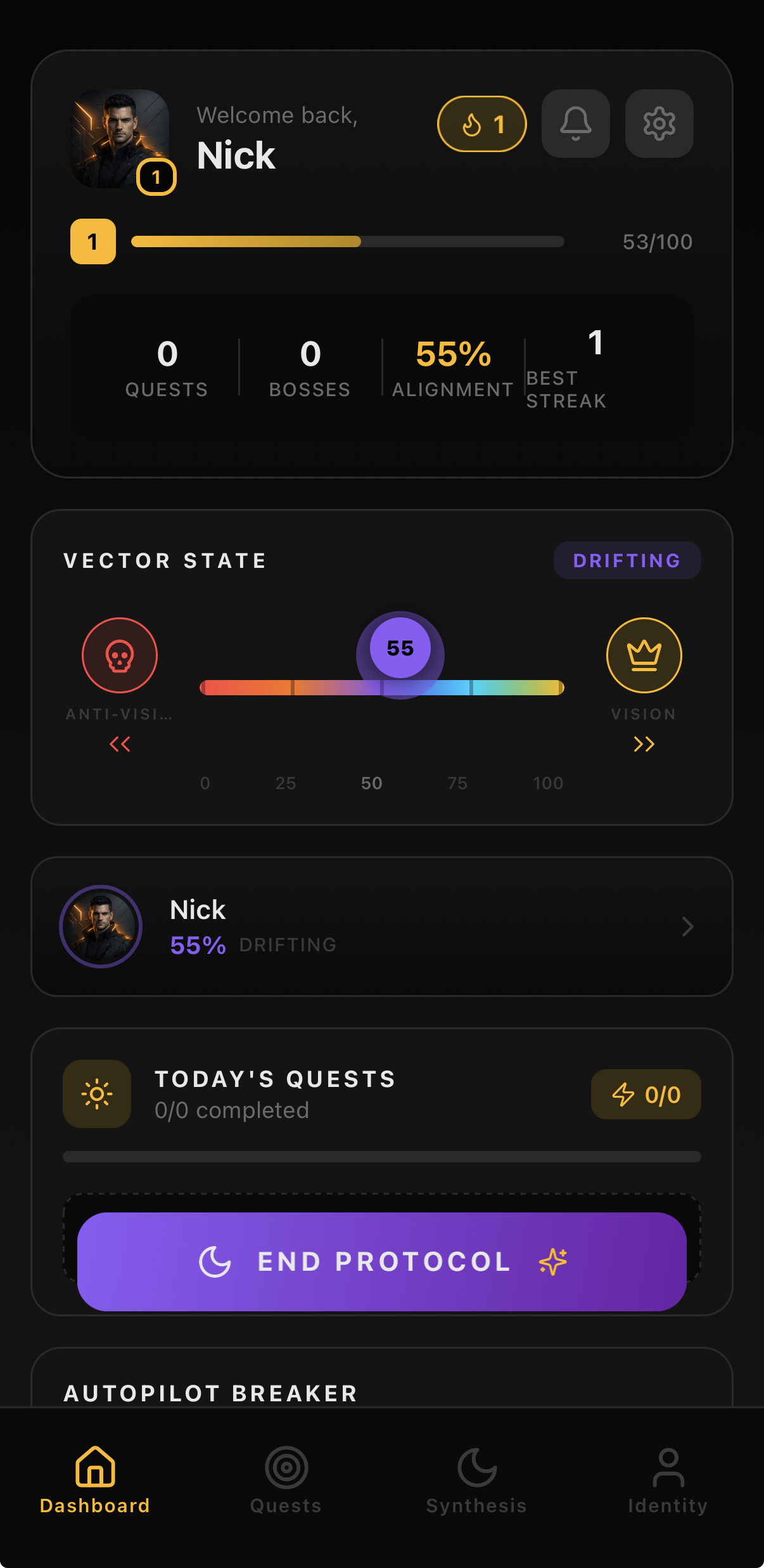 Inflection Point dashboard showing quests, alignment, streaks, and vector state