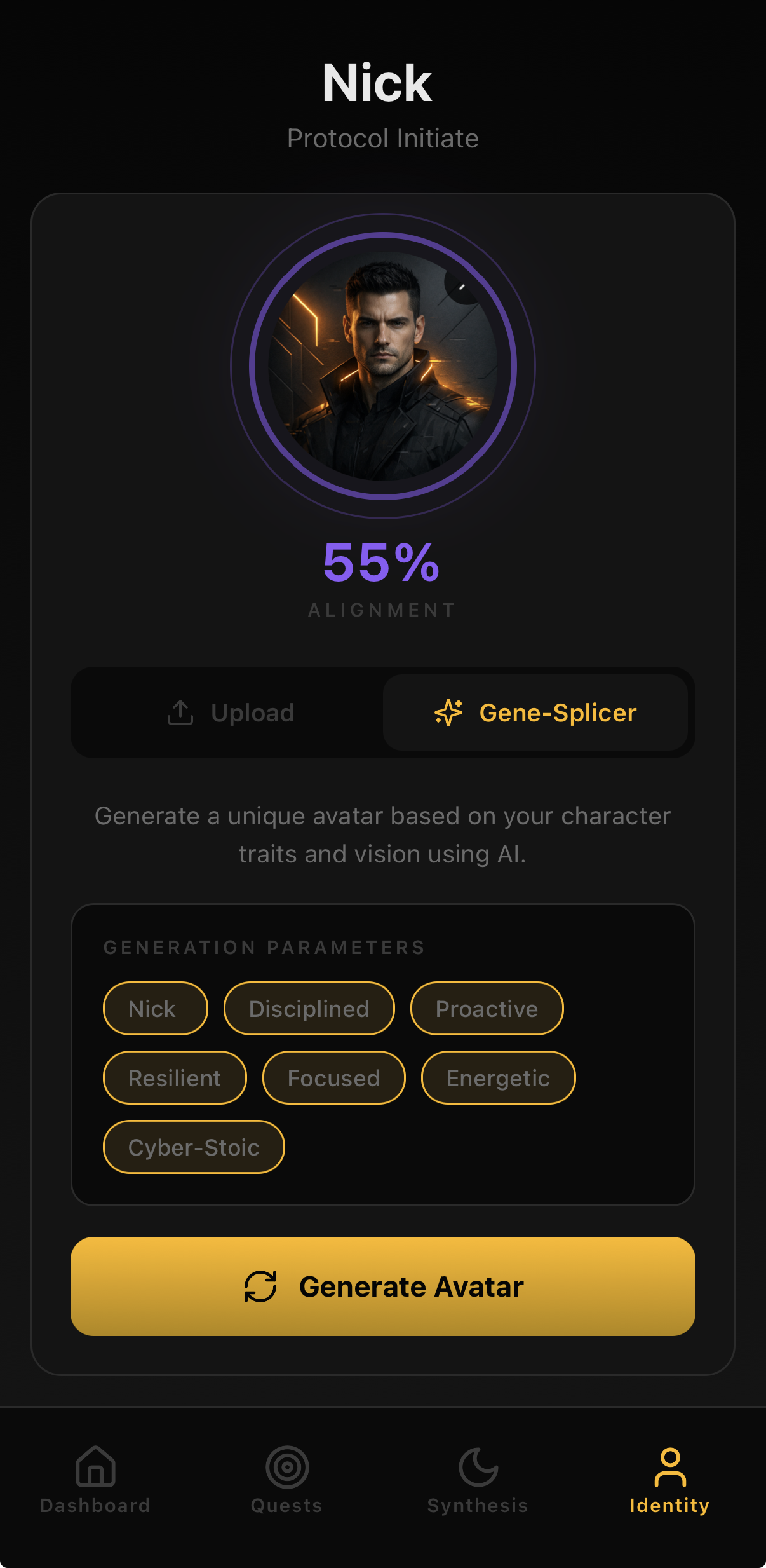 Inflection Point identity screen showing AI avatar generation and character traits